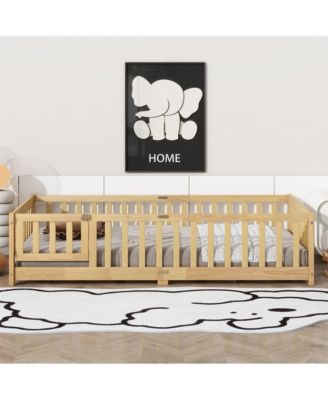 Twin Size Floor Bed with Safety Fence & Door Rubber Wood Kids Bed for Compact Rooms