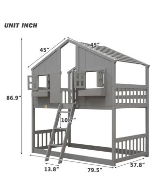 Twin over Twin House Bunk Bed with Roof Window Door & Safety Guardrails Playful Wooden Loft Bed for Kids