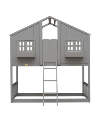 Twin over Twin House Bunk Bed with Roof Window Door & Safety Guardrails Playful Wooden Loft Bed for Kids