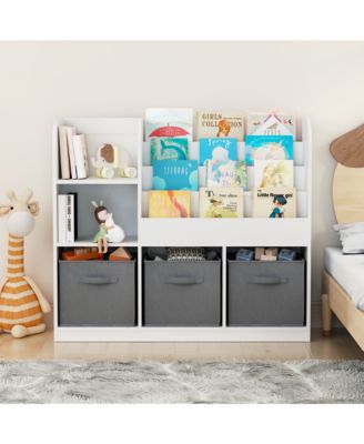 White/Gray Kids Bookcase with 3 Collapsible Fabric Drawers for Bedroom