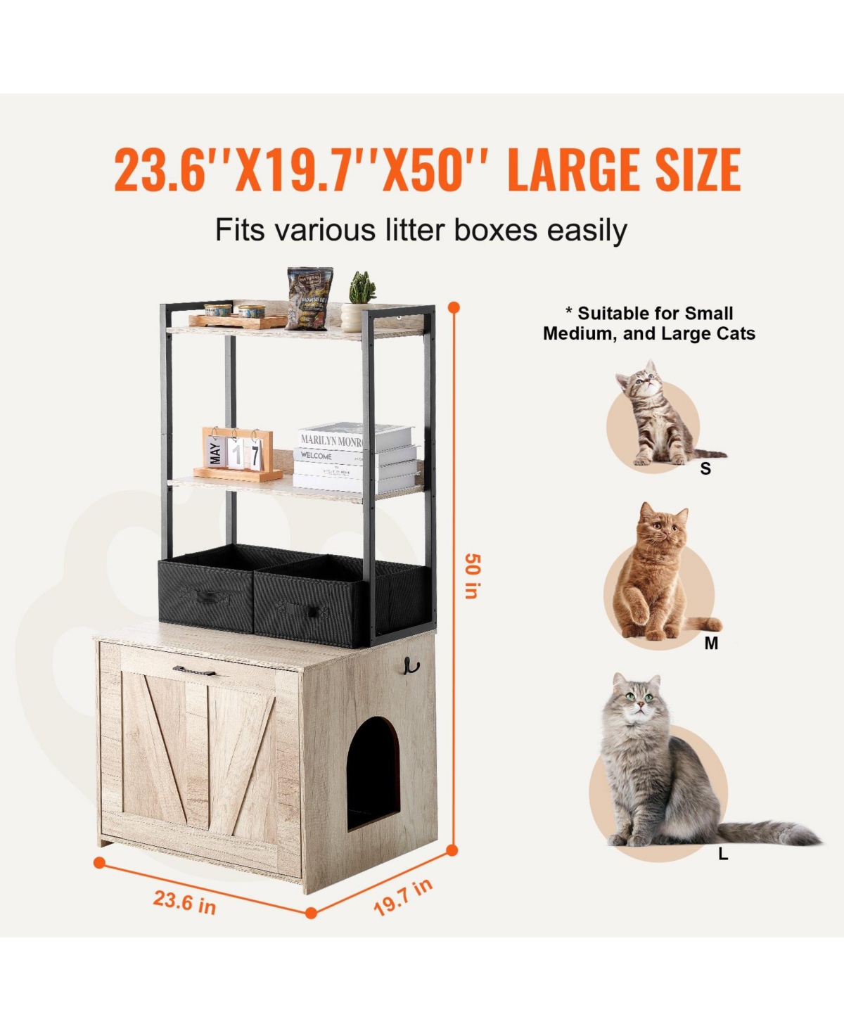 Cozito Wooden Litter Box Enclosure with Storage Shelves & Baskets, Natural