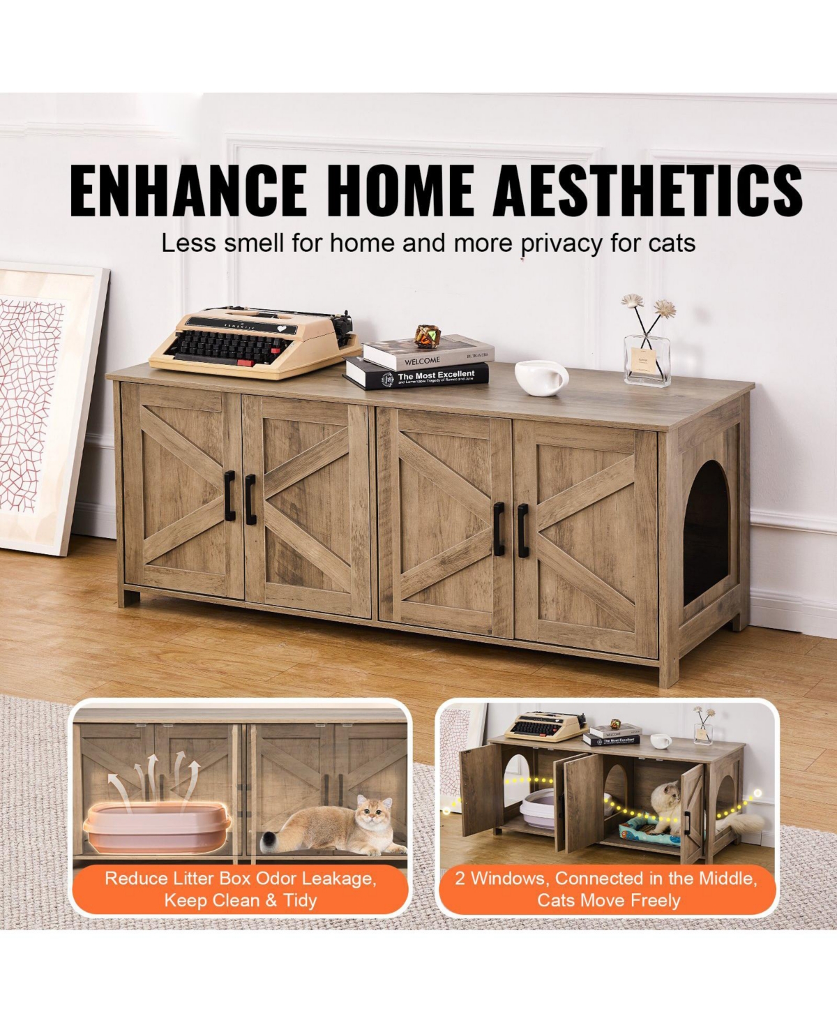 Cozito Double-Compartment Wooden Litter Box Enclosure, 47.2", Greige