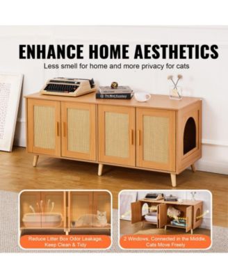 Double-Compartment Wooden Litter Box Enclosure with Rattan-Style Doors, 47.2", Natural
