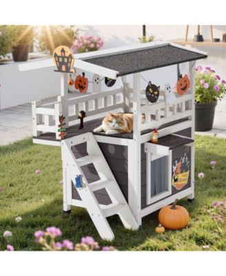 30" 2-Story Wooden Outdoor Cat House with Balcony & Stairs
