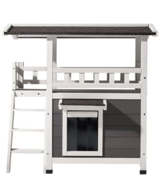 30" 2-Story Wooden Outdoor Cat House with Balcony & Stairs