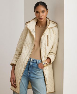 Womens Hooded Quilted Faux-Suede-Trim Coat