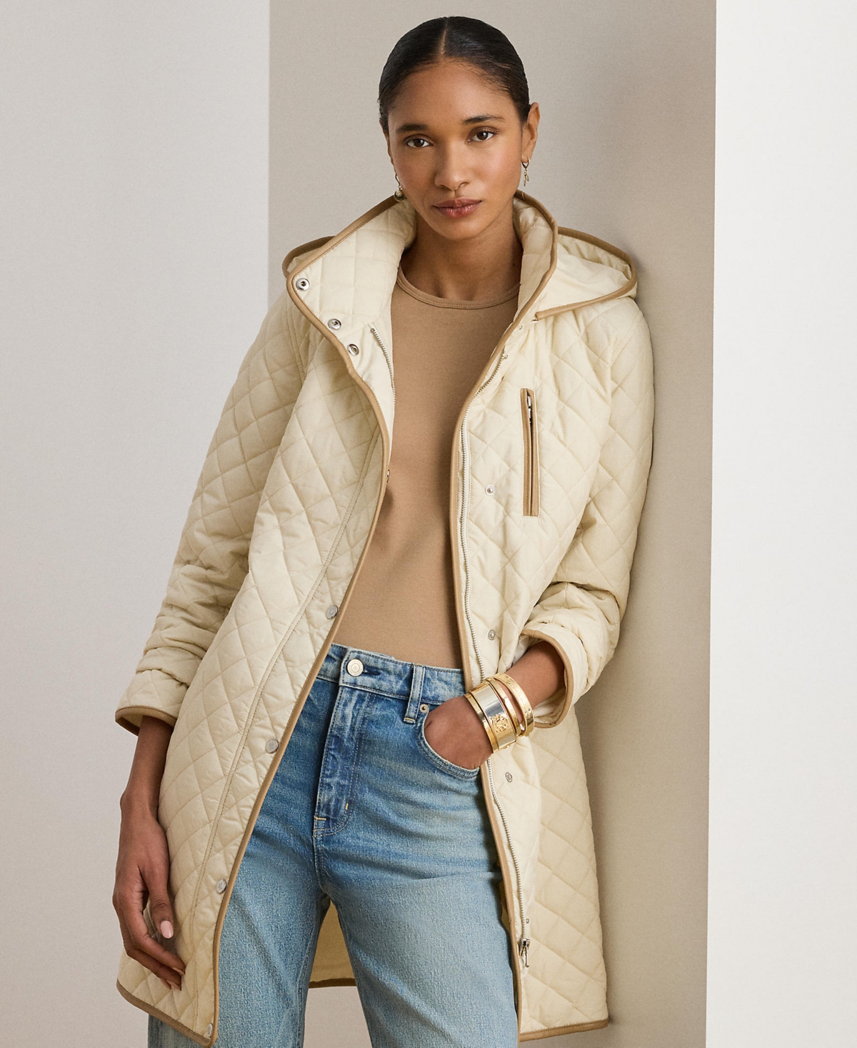 Lauren Ralph Womens Hooded Quilted Faux-Suede-Trim Coat