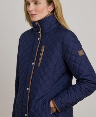 Womens Hooded Quilted Faux-Suede-Trim Coat