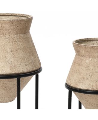 2-Piece Rustic Brick Red Cachepot Planter Cauldron Set with Black Stands