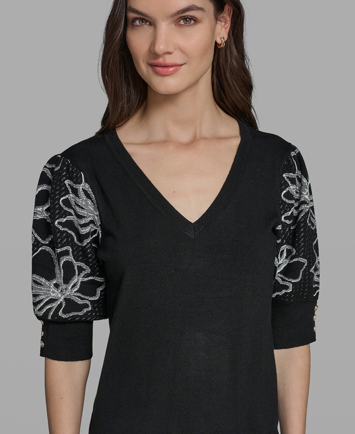 Karl Lagerfeld Paris Petite Floral Print V-Neck Sweater