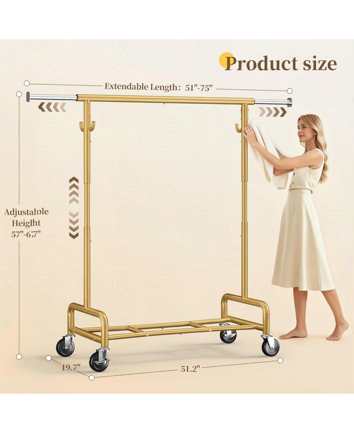 Raybee 75" W Heavy Duty Clothes Rack Load 450 Lbs, Metal Garment Storage with Shelf, Lockable Wheels & Anti-Slip Stoppers, Rolling Clothing Rack