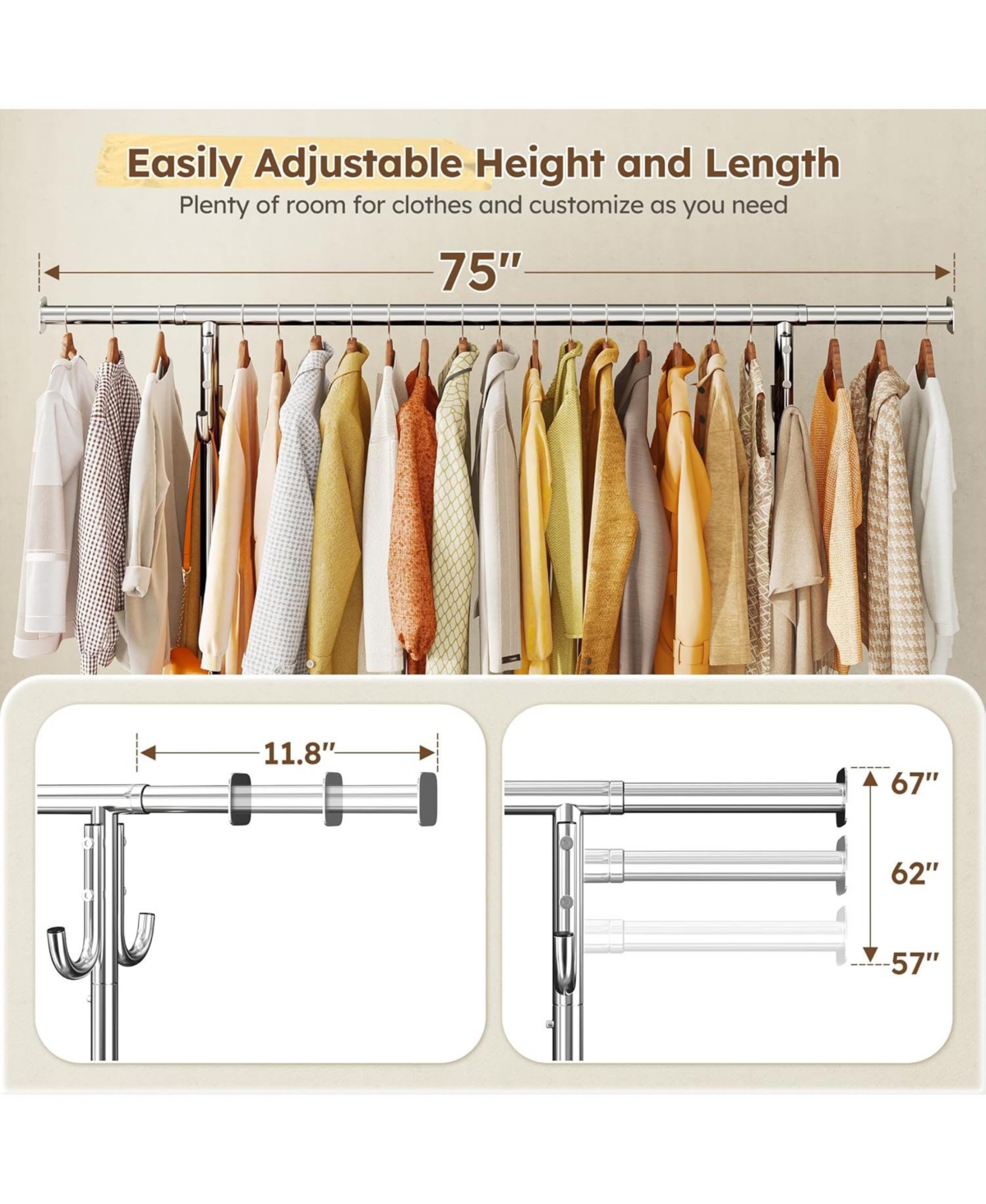 Raybee 75" W Heavy Duty Clothes Rack Load 450 Lbs, Metal Garment Storage with Shelf, Lockable Wheels & Anti-Slip Stoppers, Rolling Clothing Rack