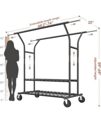 74" W Heavy Duty Clothes Rack, Double Rods Clothing Rack Load 630 LBS, Rolling Clothes Racks，Garment Rack with shelves