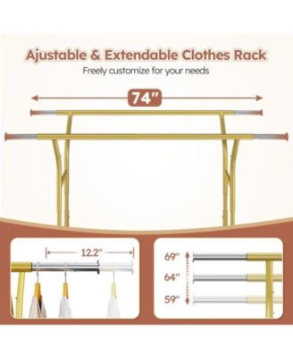 74" W Heavy Duty Clothes Rack, Double Rods Gold Clothing Rack Load 630 LBS, Rolling Clothes Racks for Hanging Clothes 400+, Garment Rack