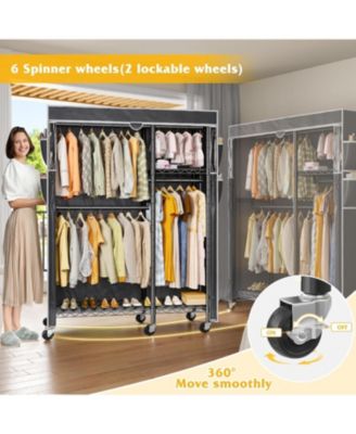 Clothes Rack with Cover Clothing Racks for Hanging Clothes Heavy Duty Portable Closet with Wheels，Rolling Garment Rack for Bedroom