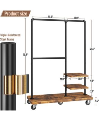 Clothes Rack, Heavy Duty Clothing Rack, Industrial Pipe Clothes Rack with Shelves, Rolling Garment Rack for Bedroom, Retail Store, Rustic