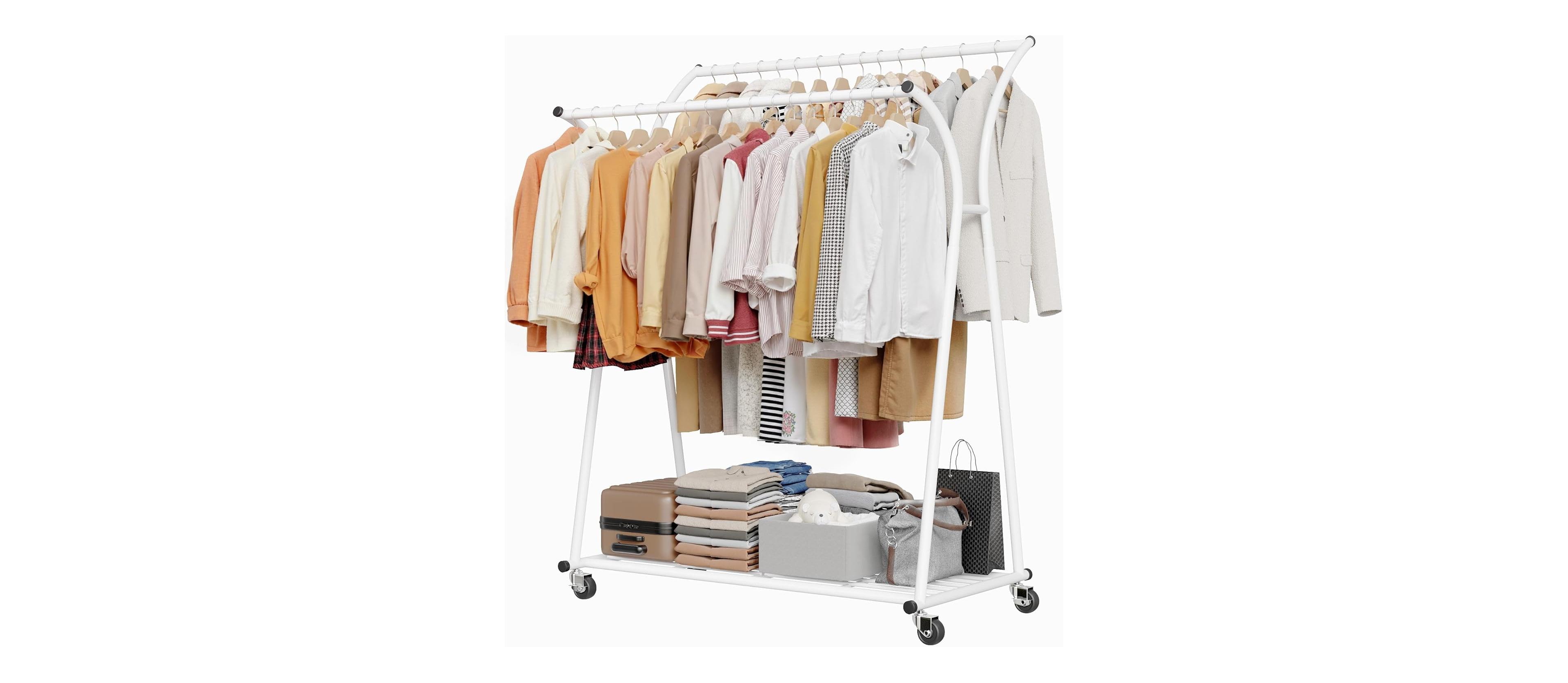 Raybee Heavy Duty Portable Double Rod Clothes Rack with Wheels 360 lbs Load Garment Rack