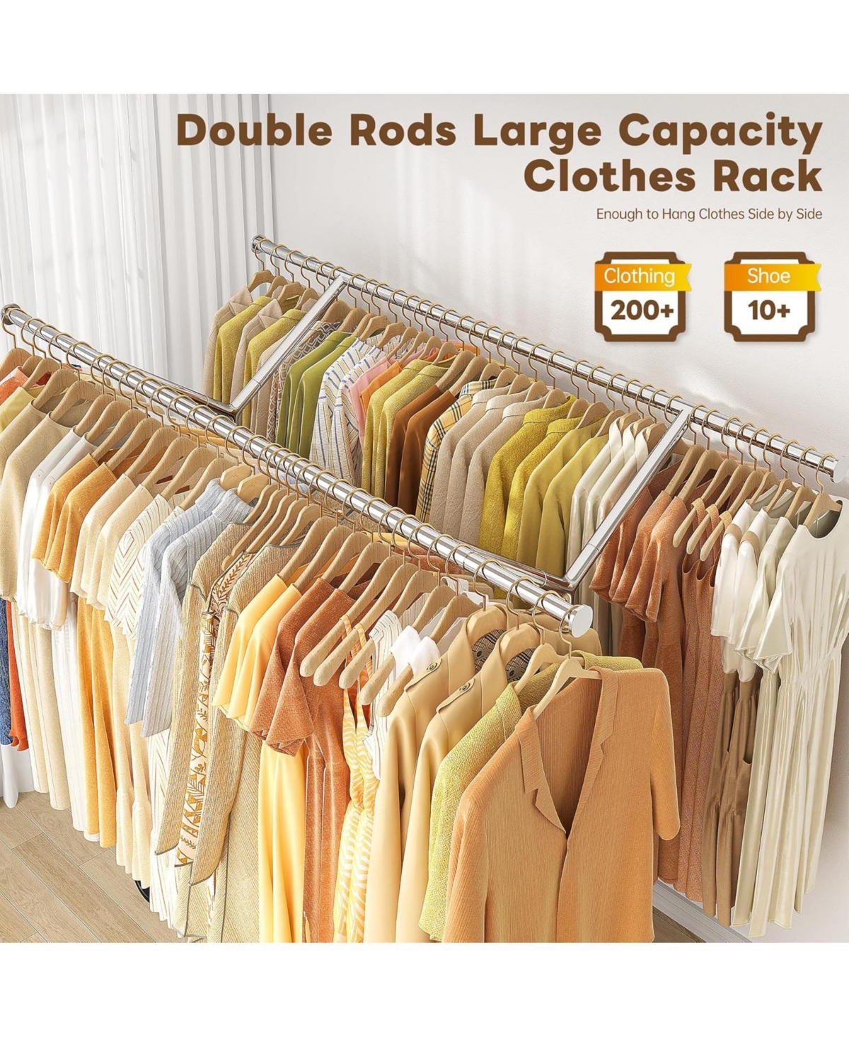 Raybee Heavy Duty Clothes Rack Load 500 Lbs, Rolling Clothing Rack with Wheels, Double Rods Clothing Racks for Hanging Clothes, Portable