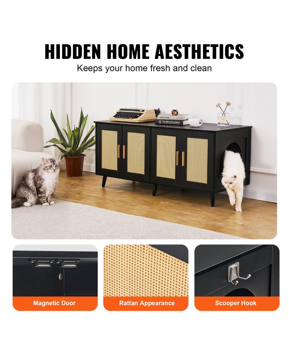 Cozito Double-Compartment Wooden Litter Box Enclosure, Black