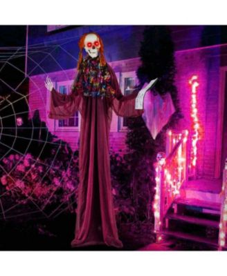 6 ft Halloween Animatronic Standing Girl Holding Book with Sound-Activated Light-up Eyes and Moving Arms & Head