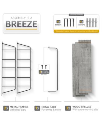 3-Tier Wooden Floating Shelves with Metal Brackets