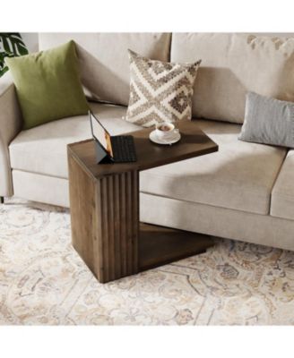 Solid Wood Side Table, C Shaped Sofa End Table, Space-Saving Small Nightstand