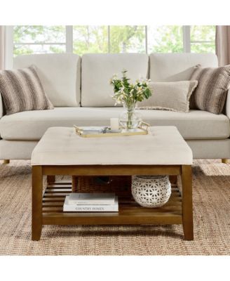 Ivory Upholstered Square Ottoman Coffee Table with Tufted Linen and Beech Wood Shelf