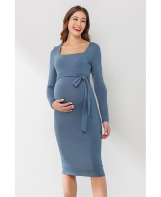 Maternity Tie Waist Square Neck Long Sleeve Dress