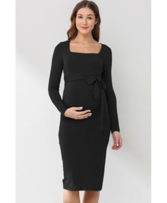 Maternity Tie Waist Square Neck Long Sleeve Dress
