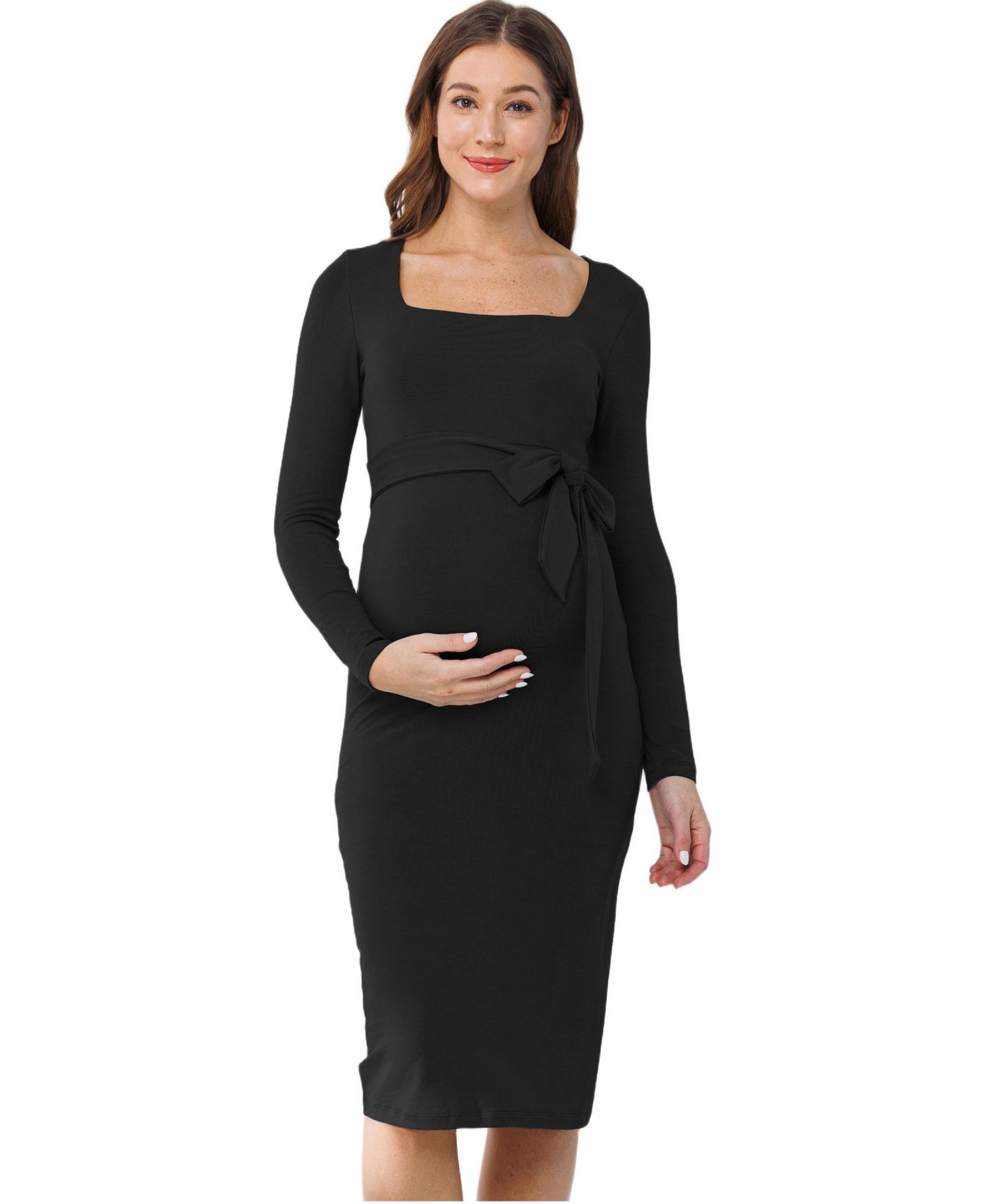 Women's Tie Waist Square Neck Long Sleeve Dress