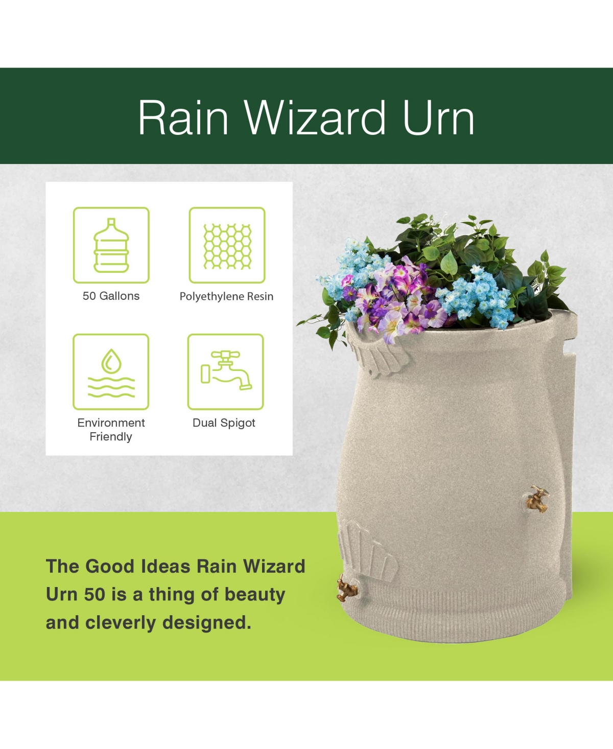 Good Ideas RWURN50-san 50 Gallon Rain Water Saver Wizard Barrel Urn, Sandstone