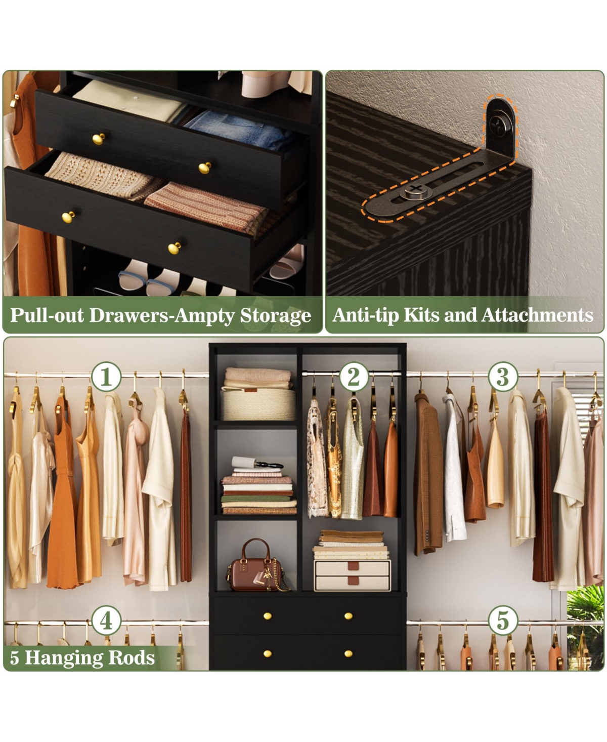 Aheaplus 2.4-8 Ft Wide Adjustable Closet Organizer, System with 2 Drawers, 5 Hanging Rods, Shoe Racks and Shelves