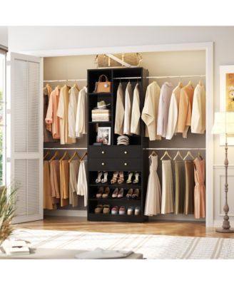 2.4-8 FT Wide Adjustable Closet Organizer, Closet System with 2 Drawers, 5 Hanging Rods, Adjustable Shoe Racks and Shelves