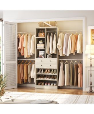 2.4-8 FT Wide Adjustable Closet Organizer, Closet System with 2 Drawers, 5 Hanging Rods, Adjustable Shoe Racks and Shelves