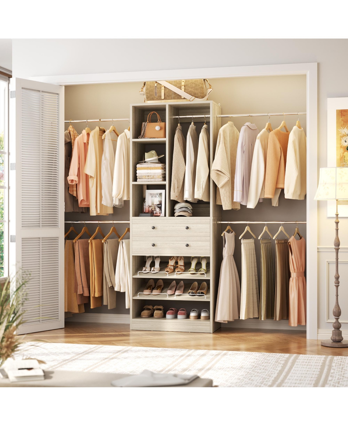 Aheaplus 2.4-8 Ft Wide Adjustable Closet Organizer, System with 2 Drawers, 5 Hanging Rods, Shoe Racks and Shelves