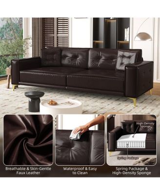 92" Faux Leather King Size Convertible Pull-Out Sleeper Sofa Bed with Wide Armrests & Pillows, 4-Seater