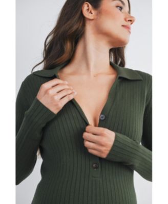 Maternity Long Sleeve Ribbed Collared V Neck Nursing Dress