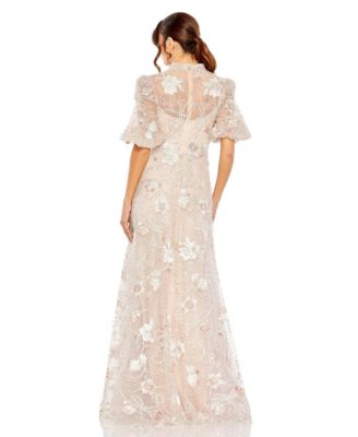 Women's Embroidered Queen Anne Puff Sleeve A-Line Gown