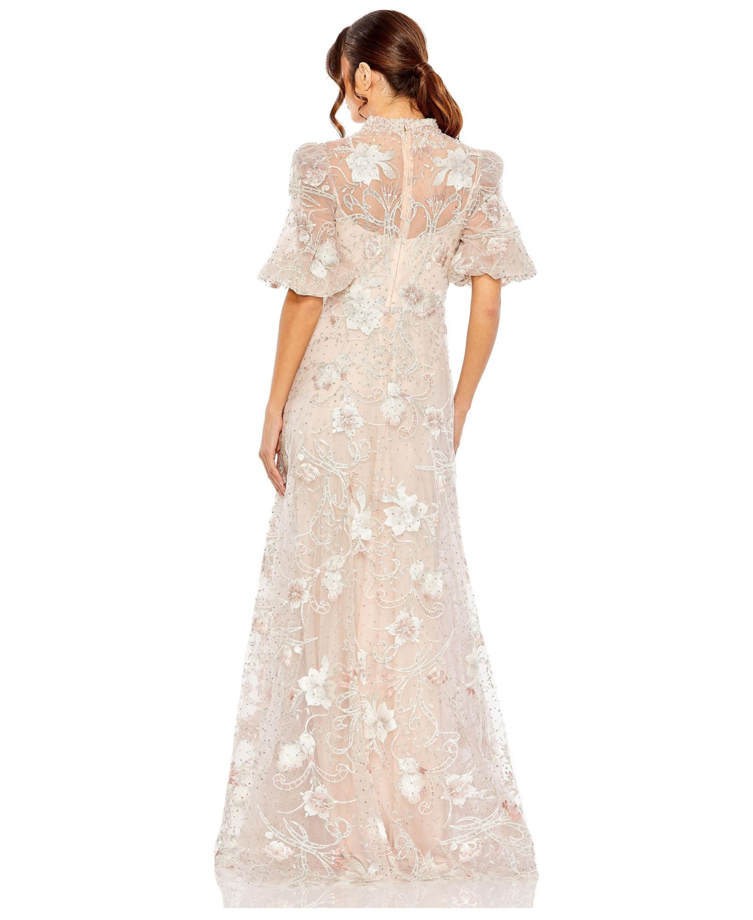 Women's Embroidered Queen Anne Puff Sleeve A-Line Gown