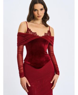 Women's Maybelle Magenta Bardot Lace Strap Peplum Maxi Dress