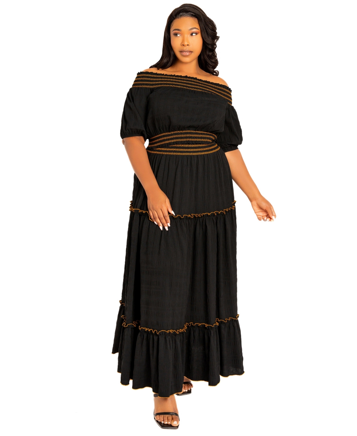 Buxom Couture Women's Plus Smocked Top and Skirt Two Piece Set