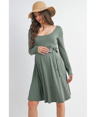 Maternity Scoop Neck Long Sleeve Tie Waist Dress