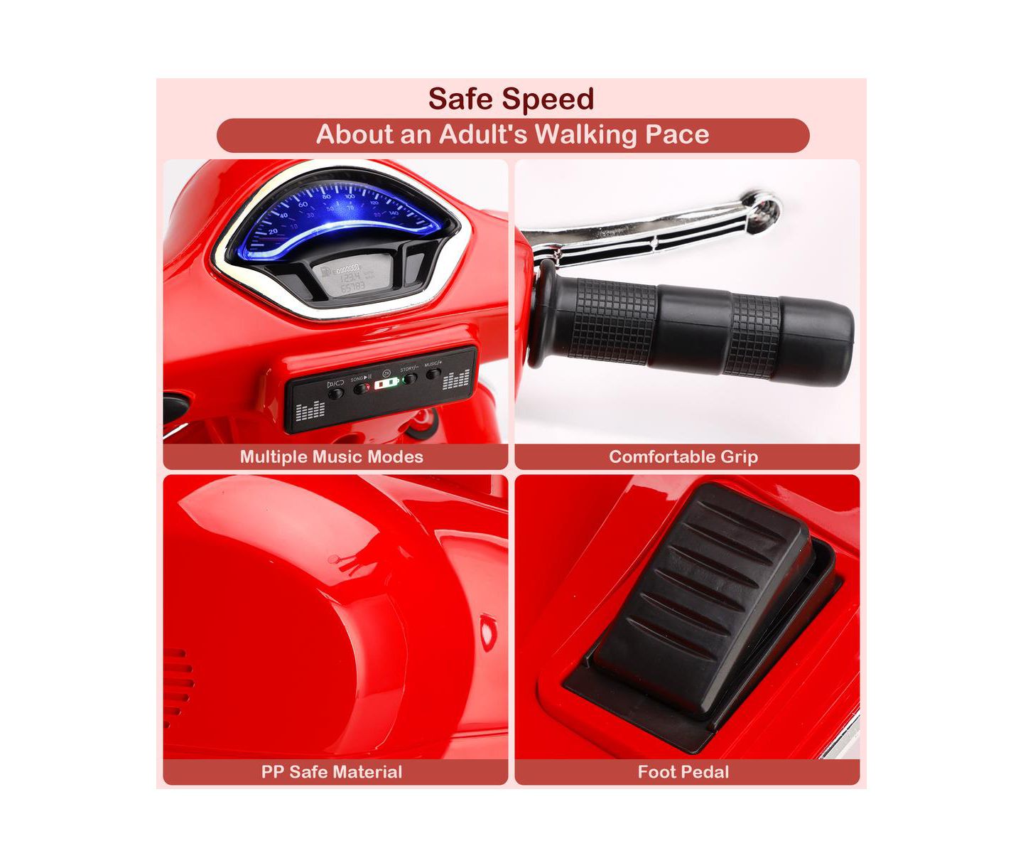 Детская игрушка Bruce & Shark 6V Kids Ride-On Motorcycle with Training Wheels, MP3 Player & Foot Pedal Drive, 60 Lbs., Ages 3-8, цвет: Красный — фото 8