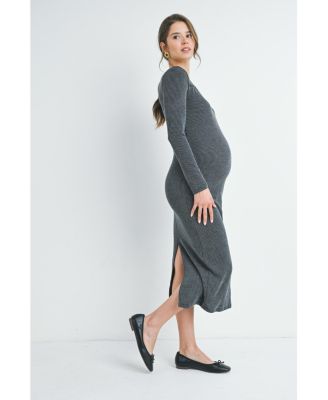 Maternity Sweatheart Long Sleeve Back Slit Ribbed Midi Dress