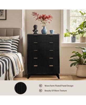 5-Drawer Fluted Wood Dresser with Curved Profile, Modern Storage Organizer for Bedroom, Living Room, Hallway, Entryway
