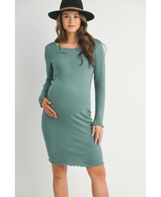 Maternity Long Sleeve Ribbed Knit Sweater Dress with Lettuce Hem