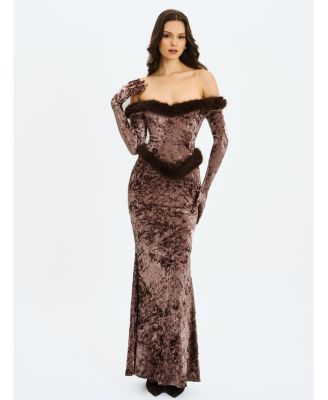 Women's Tessa Coffee Sweetheart Bardot Faux Fur Velvet Mermaid Maxi Dress