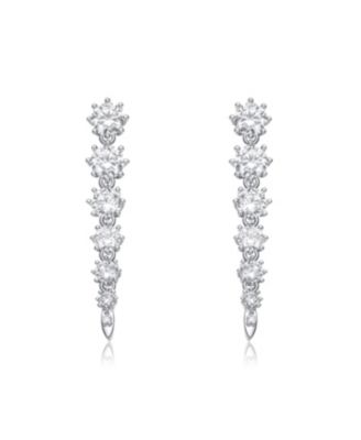 Sterling Silver Cubic Zirconia Linear Fringe Icicle Earrings in White Gold Plated or 14k Gold Plated