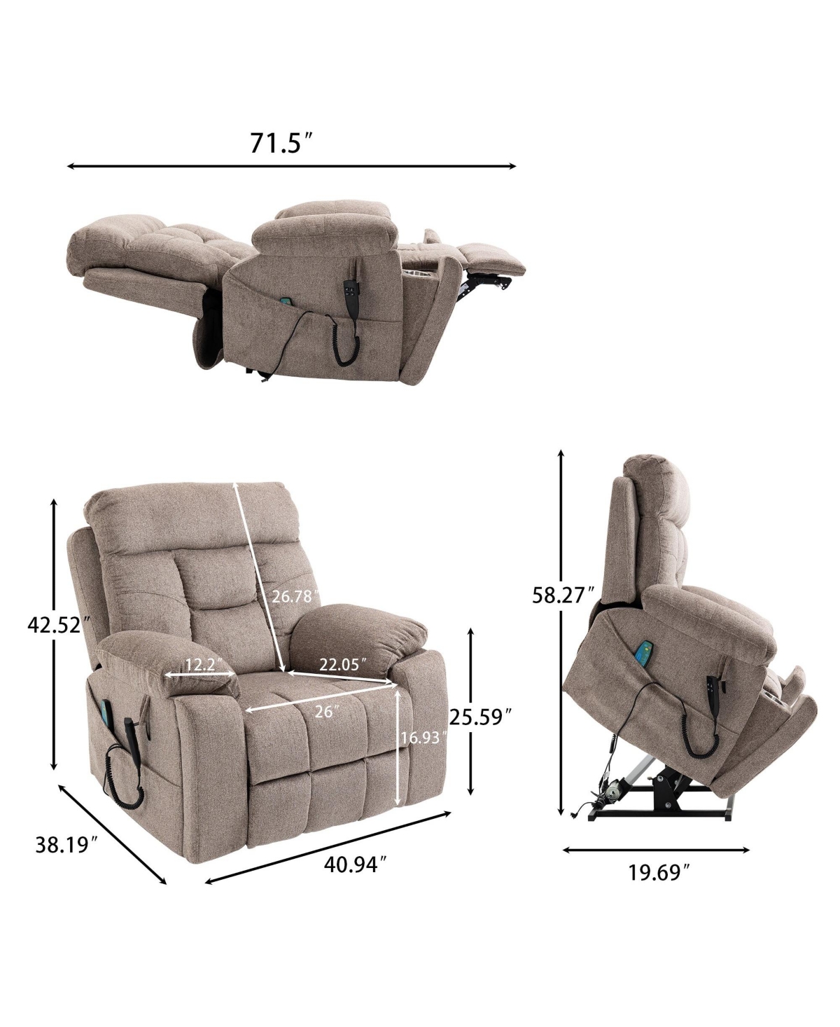 Boyel Living Electric Lift Recliner Chair with Heating and Massage, Power Lift Sofa Chair with 2 Cup Holders, Storage Pocket, 2 remote controls