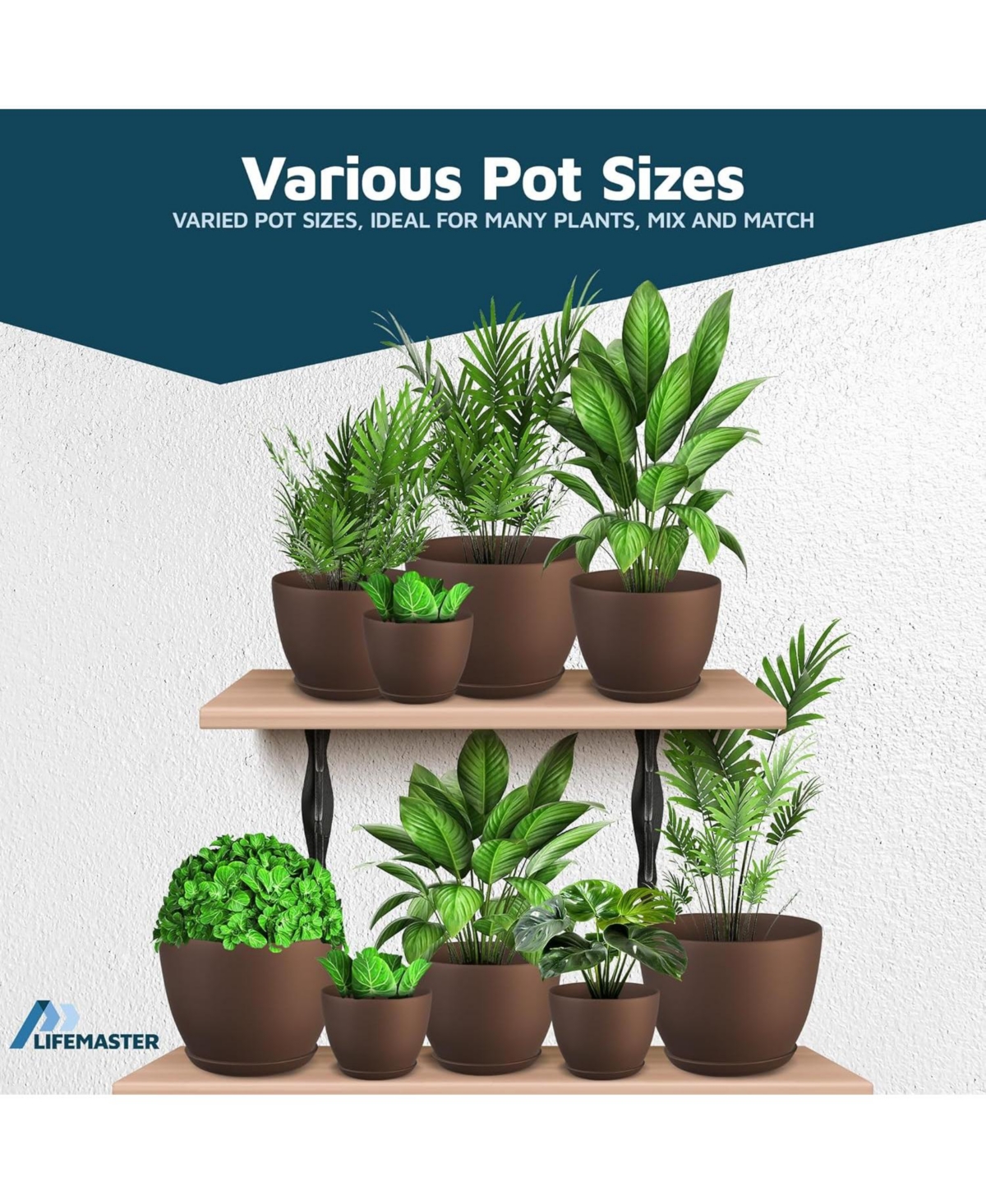 Lifemaster Set of 20 lightweight, durable brown planter pots with drainage holes. Space-saving, versatile, and ideal for indoor/outdoor use